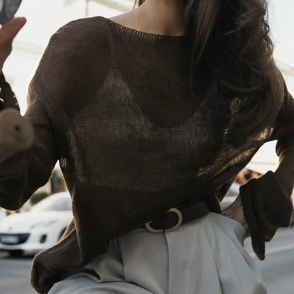 Commense Dark Brown Draped Sheer Knit Top XL NWT - Quiet Luxury